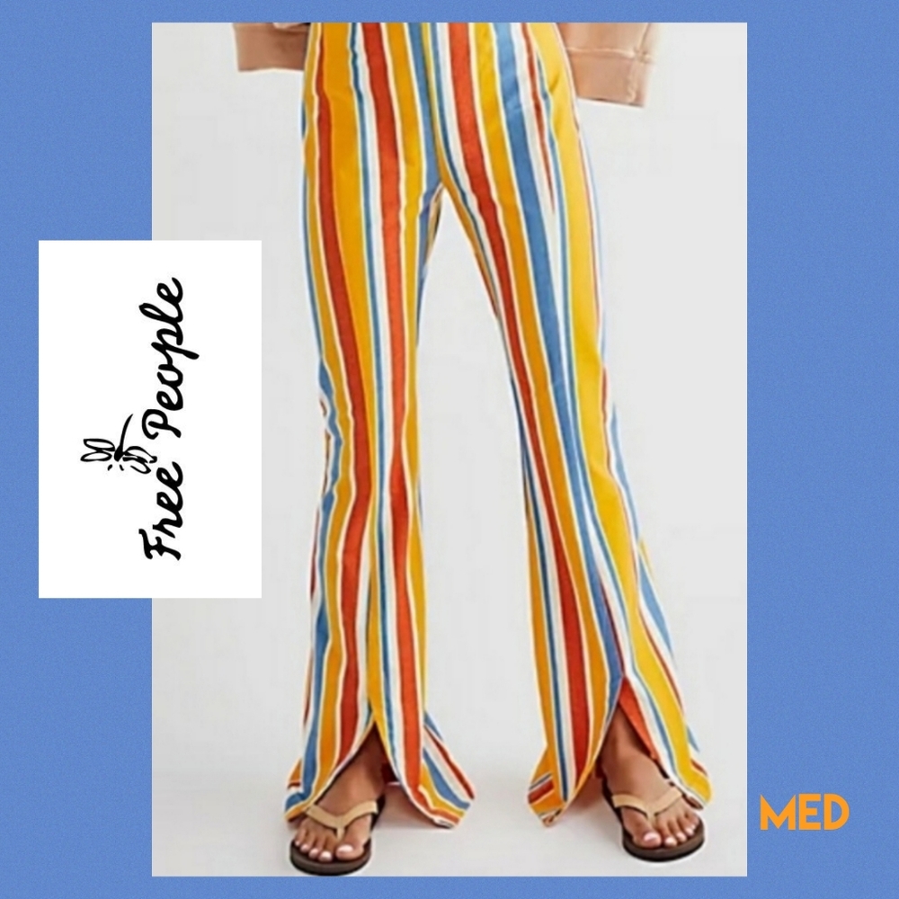 NWOT Free People Real Deal Front Split Slit Flare Pants Striped MEDIUM